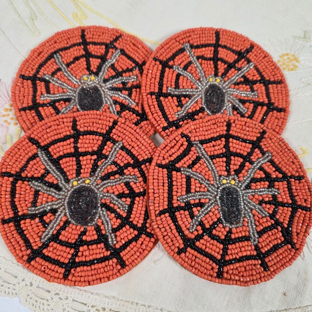 Halloween Spider Web Orange Black Beaded Drink Coasters Home Decor Set of 4